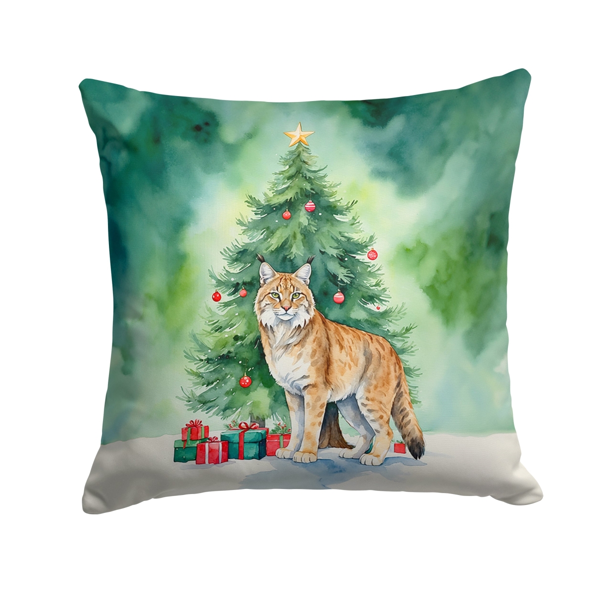 DAC7220PW1818 18 x 18 in. Highlander Lynx Cat by the Christmas Tree Throw Pillow