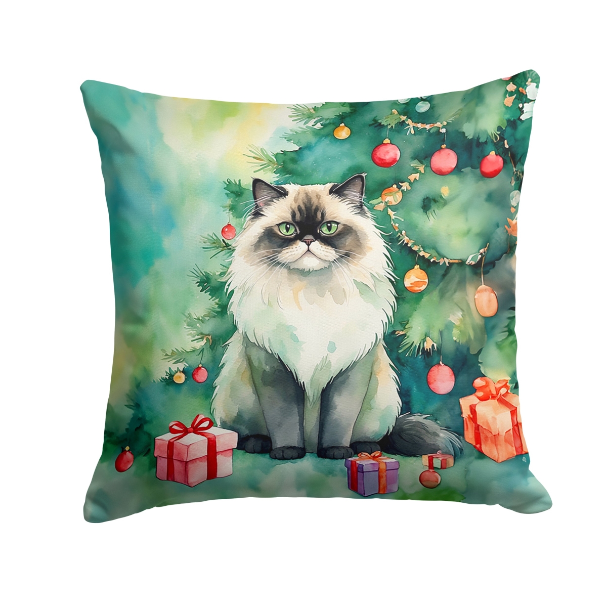DAC7221PW1818 18 x 18 in. Himalayan Cat by the Christmas Tree Throw Pillow