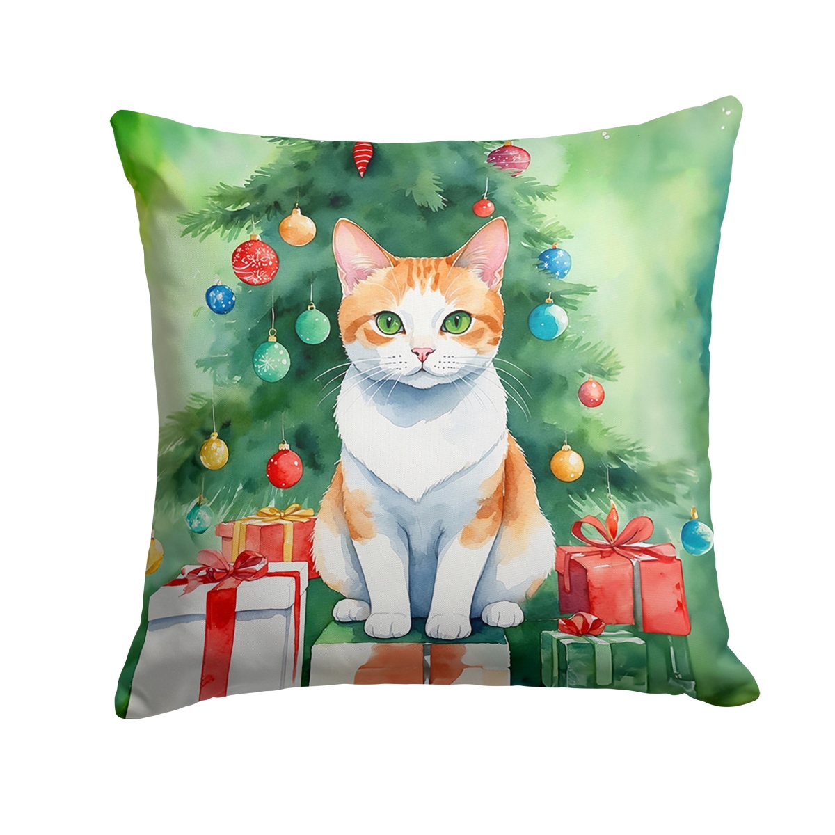 DAC7222PW1818 18 x 18 in. Japanese Bobtail Cat by the Christmas Tree Throw Pillow