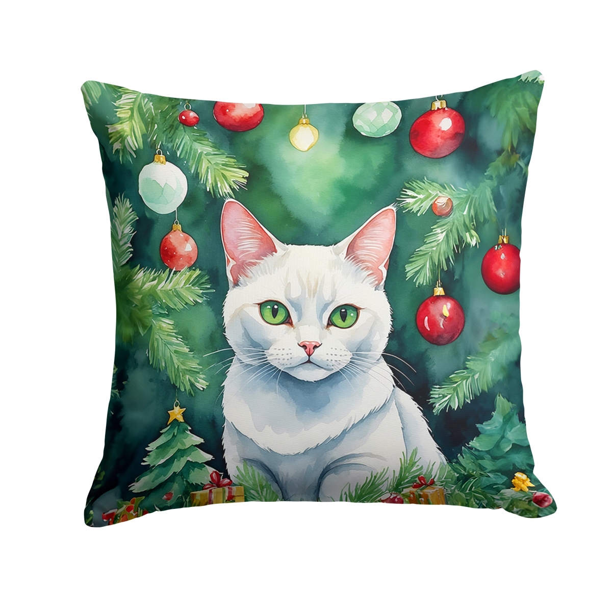 DAC7223PW1818 18 x 18 in. Khao Manee Cat by the Christmas Tree Throw Pillow