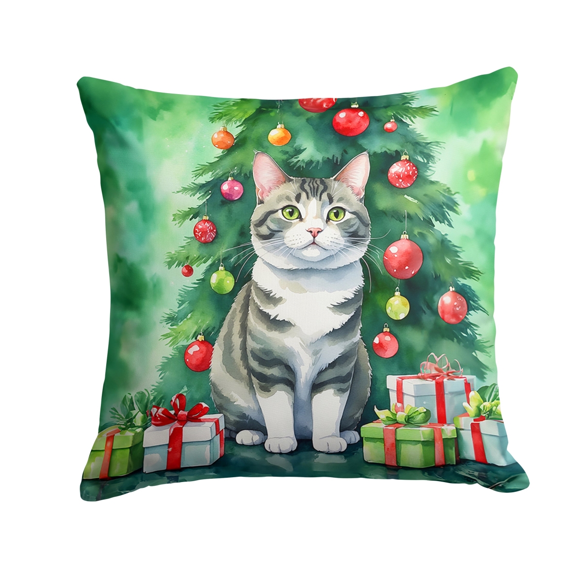 DAC7225PW1818 18 x 18 in. Korean Bobtail Cat by the Christmas Tree Throw Pillow