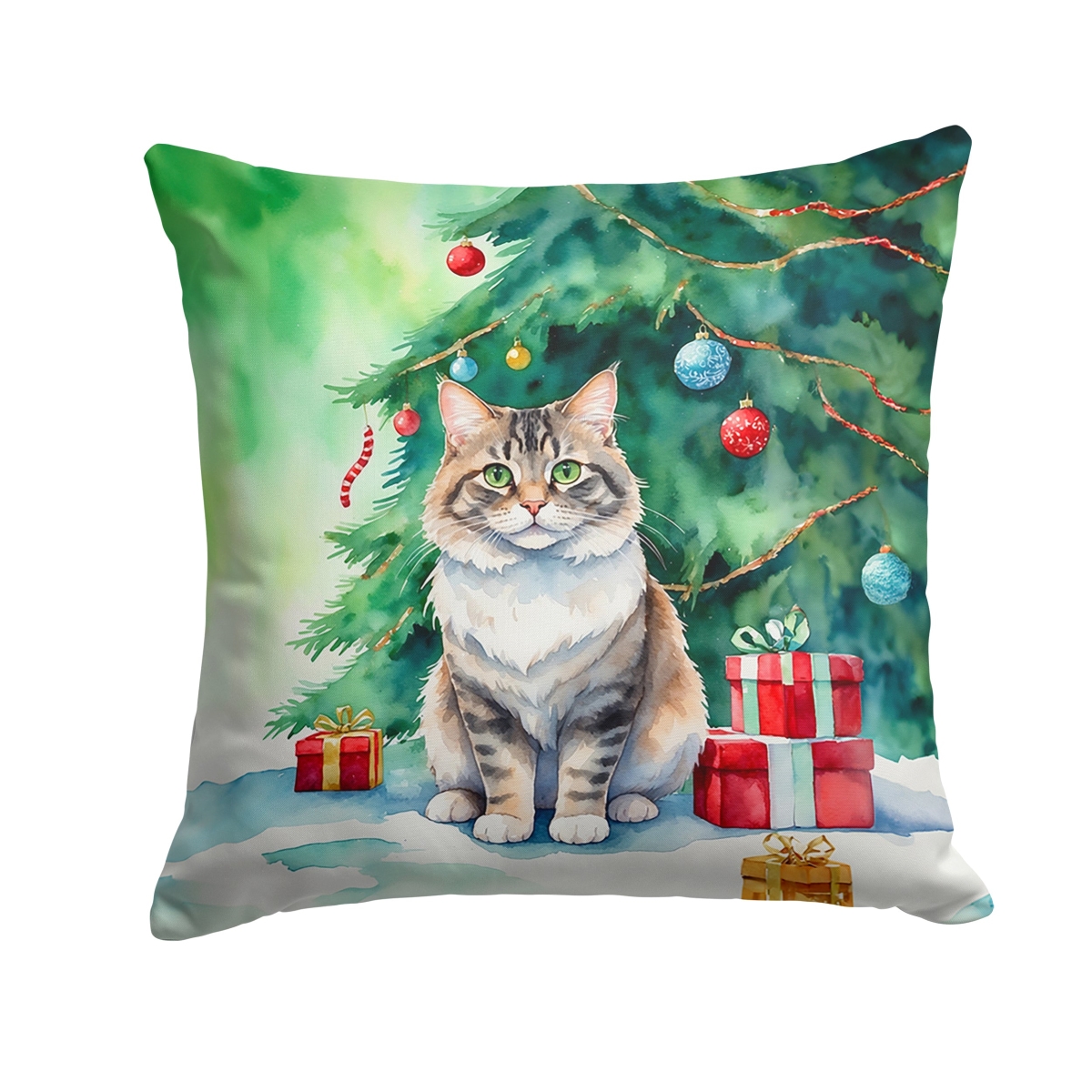 DAC7226PW1818 18 x 18 in. Kurilian Bobtail Cat by the Christmas Tree Throw Pillow