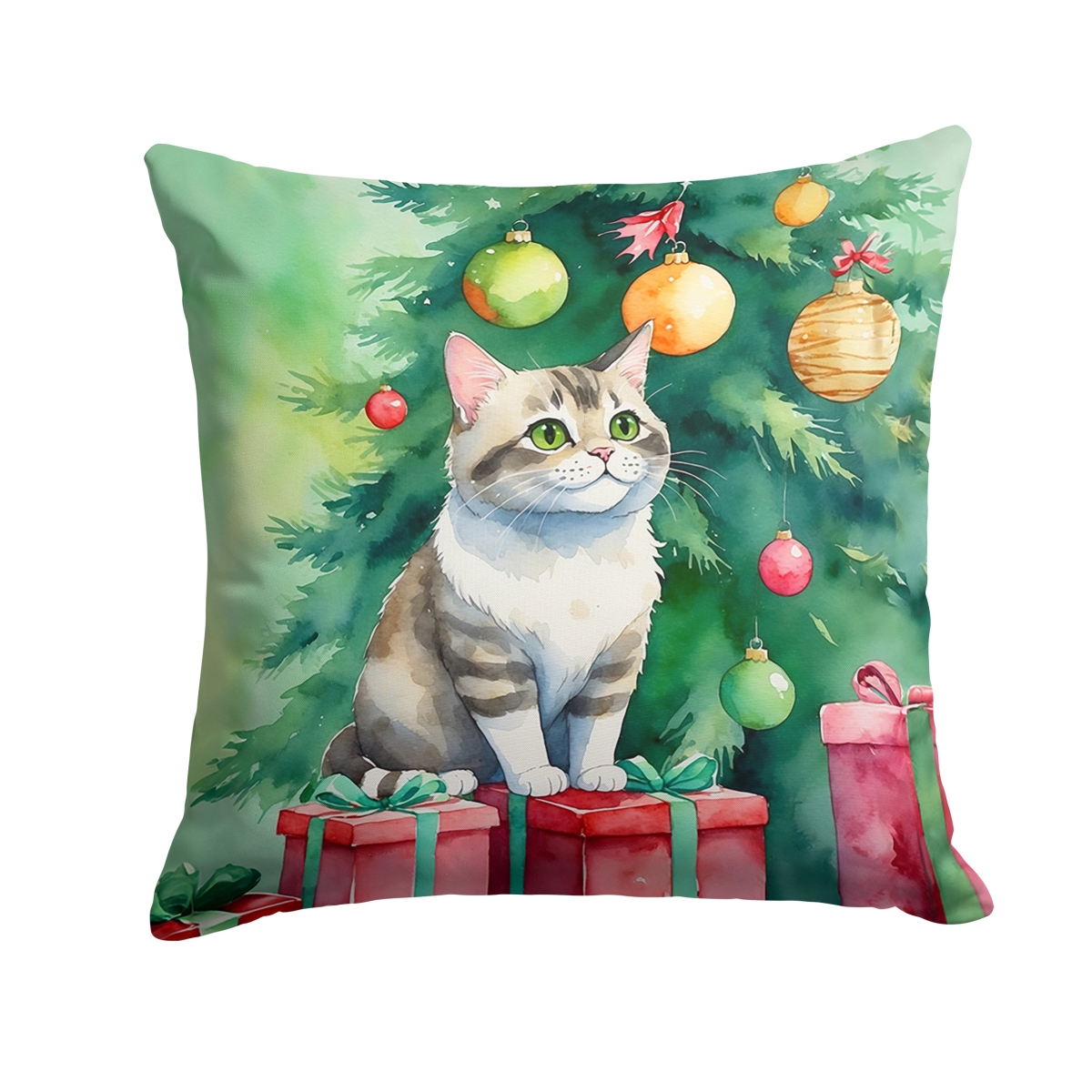 DAC7228PW1818 18 x 18 in. Li Hua Cat by the Christmas Tree Throw Pillow