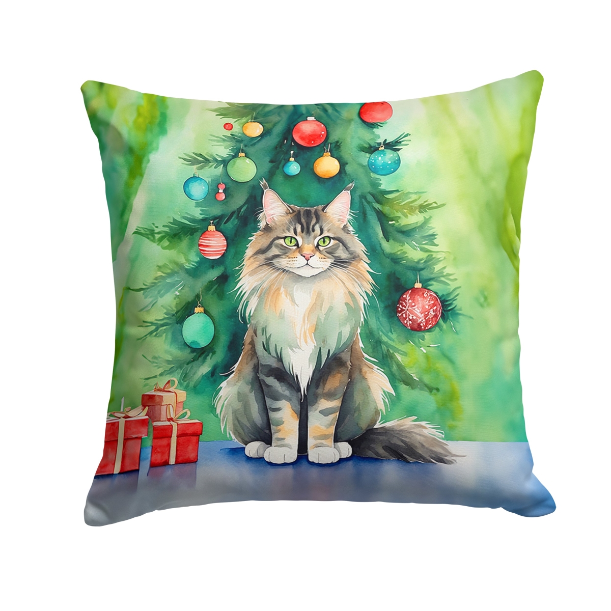 DAC7230PW1818 18 x 18 in. MaineCoon Cat by the Christmas Tree Throw Pillow
