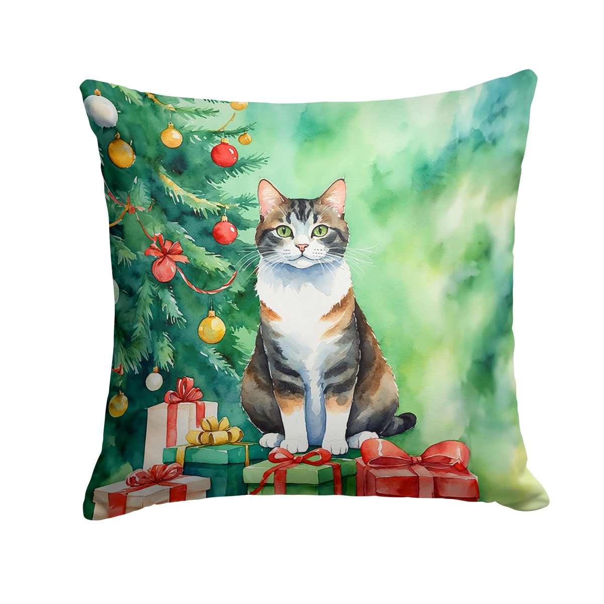 DAC7232PW1818 18 x 18 in. Manx Cat by the Christmas Tree Throw Pillow