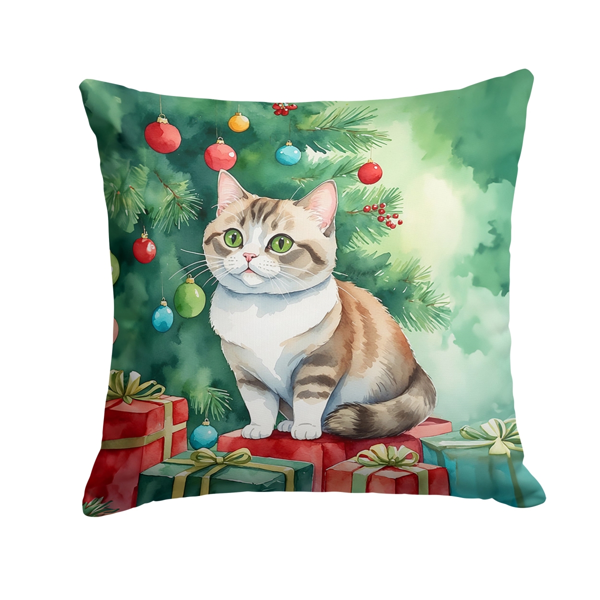 DAC7234PW1818 18 x 18 in. Munchkin Cat by the Christmas Tree Throw Pillow