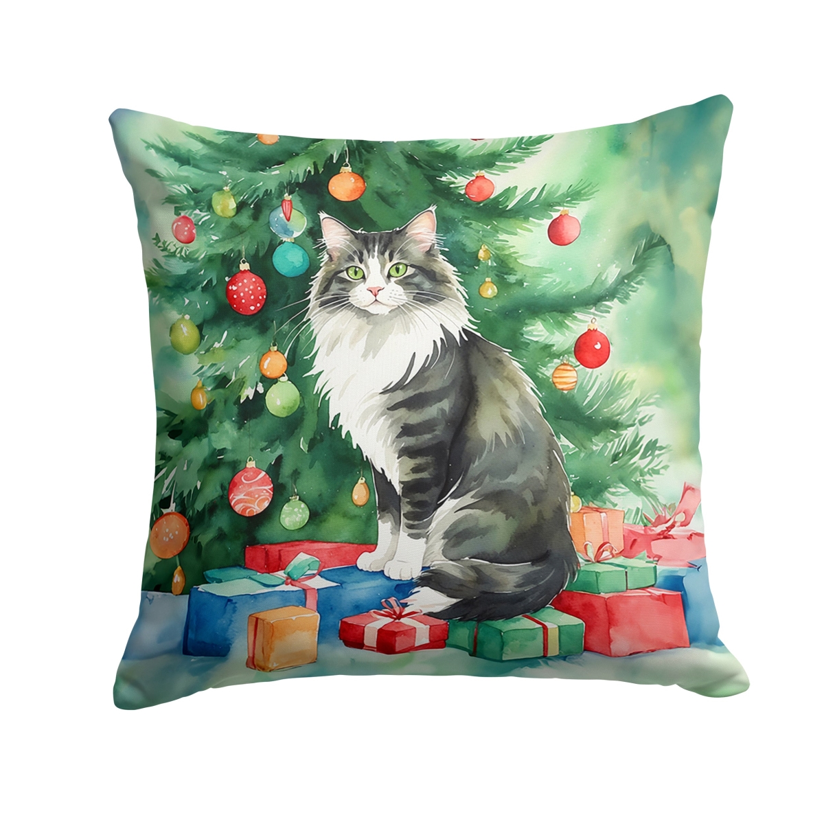 DAC7236PW1818 18 x 18 in. Norwegian Forest Cat by the Christmas Tree Throw Pillow