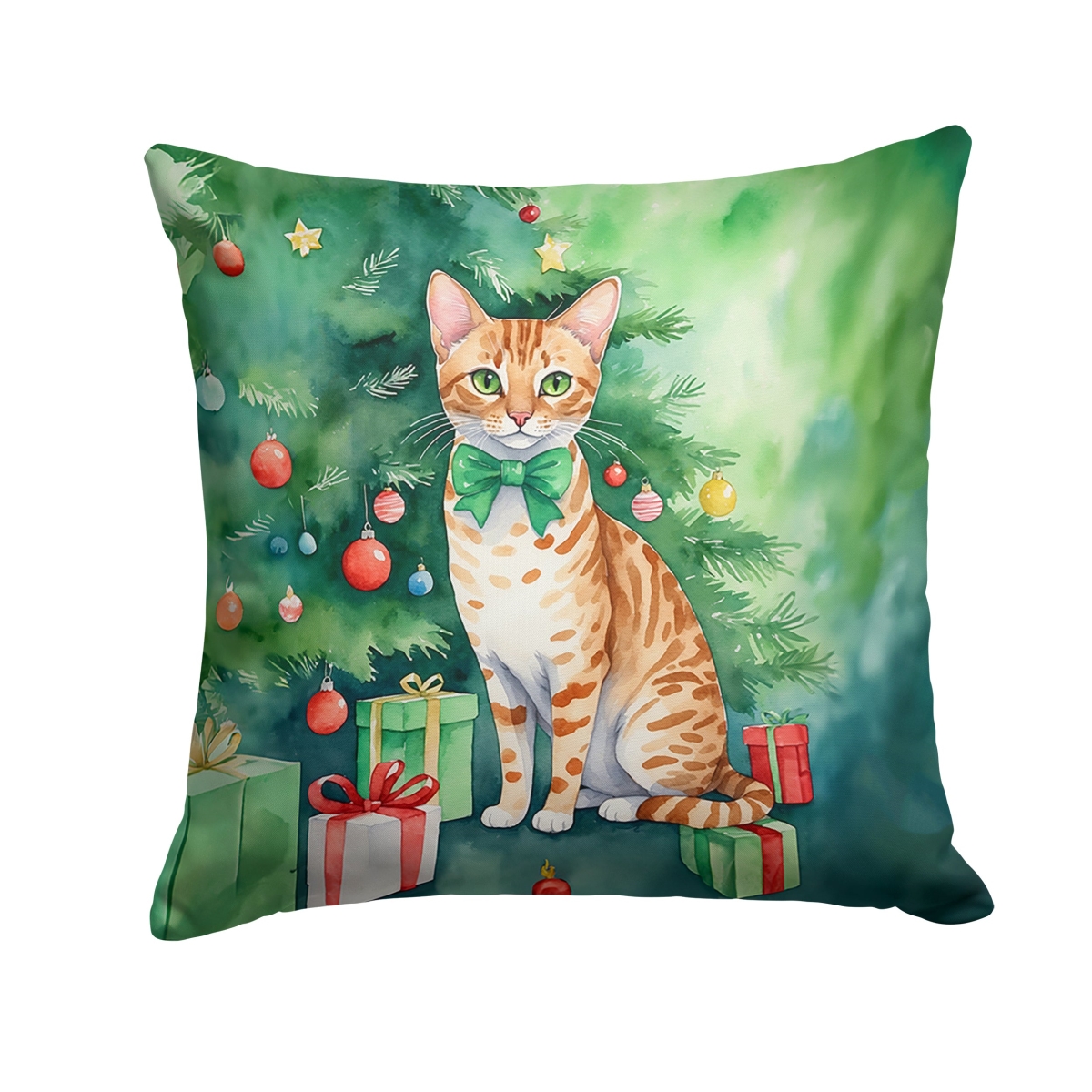 DAC7237PW1818 18 x 18 in. Ocicat Cat by the Christmas Tree Throw Pillow