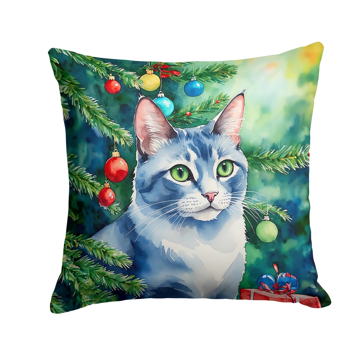 DAC7238PW1818 18 x 18 in. Ojos Azules Cat by the Christmas Tree Throw Pillow