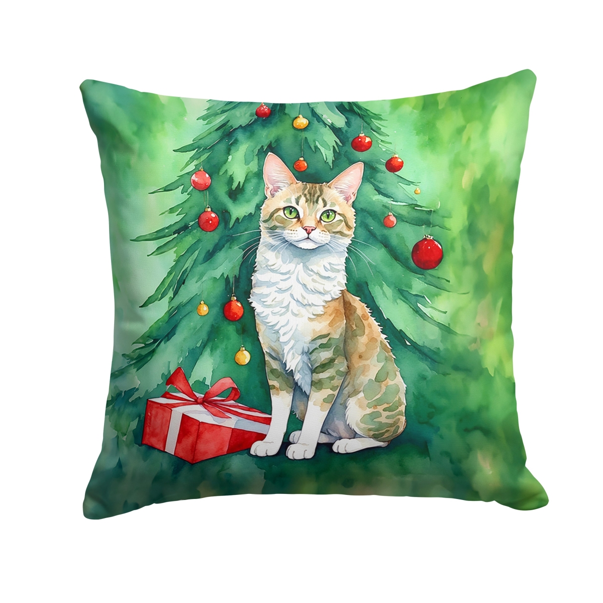 DAC7239PW1818 18 x 18 in. Oregon Rex Cat by the Christmas Tree Throw Pillow