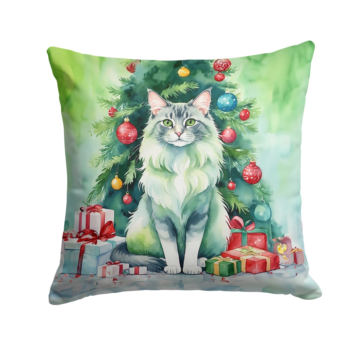 DAC7240PW1818 18 x 18 in. Oriental Longhair Cat by the Christmas Tree Throw Pillow