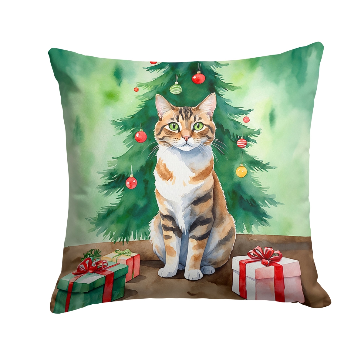 DAC7242PW1818 18 x 18 in. Owyhee Bob Cat by the Christmas Tree Throw Pillow
