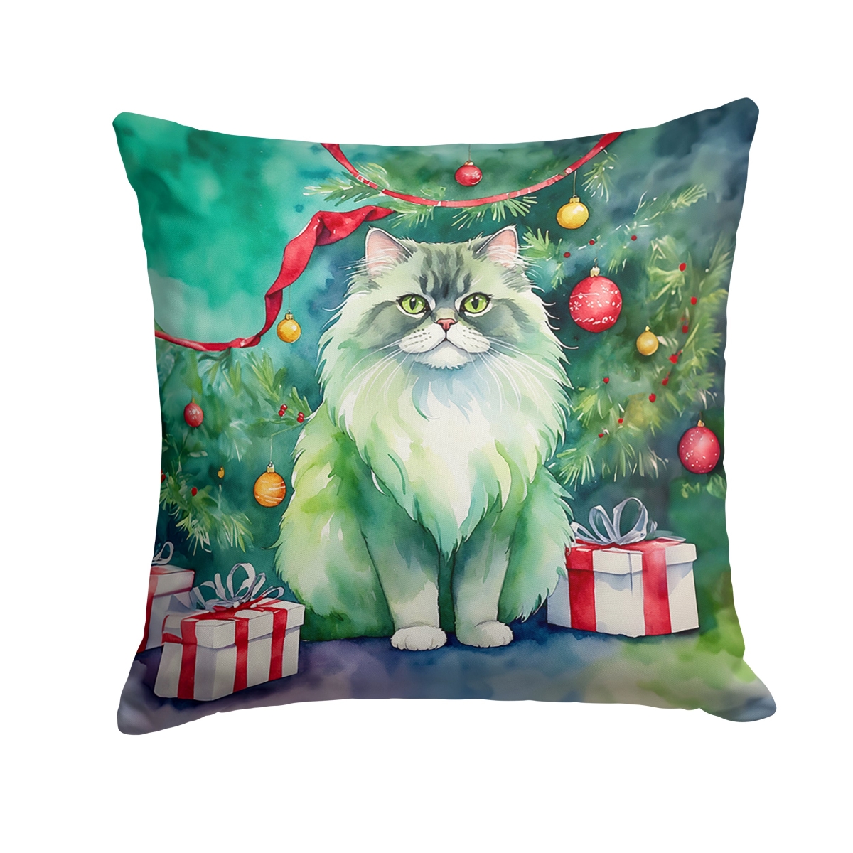 DAC7243PW1818 18 x 18 in. Persian Cat by the Christmas Tree Throw Pillow