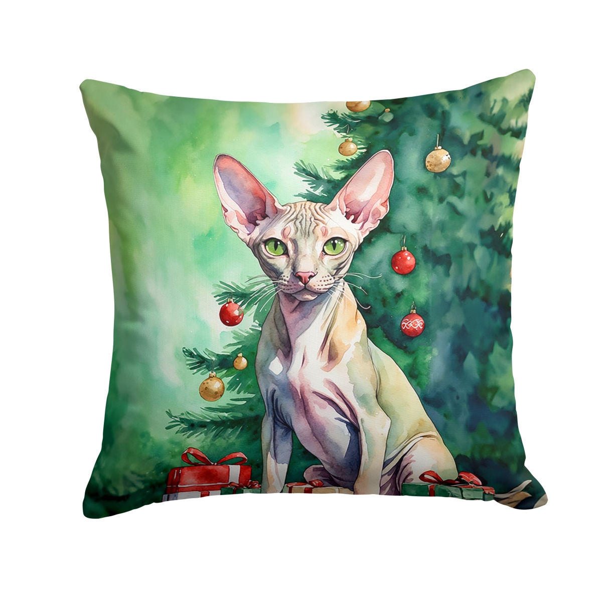 DAC7244PW1818 18 x 18 in. Peterbald Cat by the Christmas Tree Throw Pillow