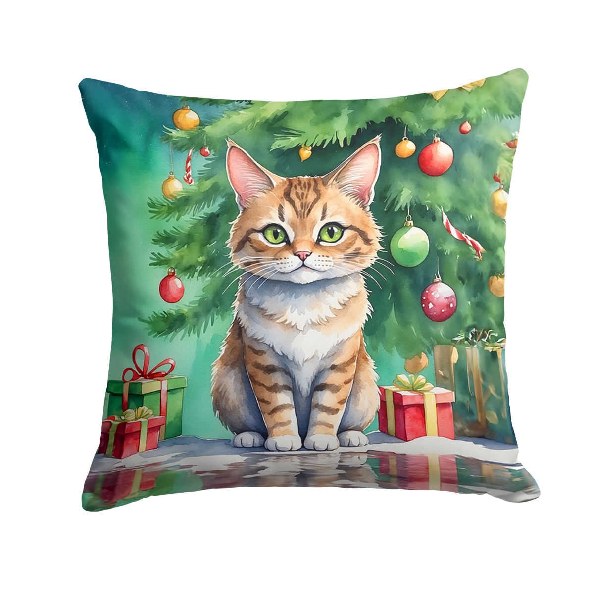 DAC7245PW1818 18 x 18 in. Pixie Bob Cat by the Christmas Tree Throw Pillow