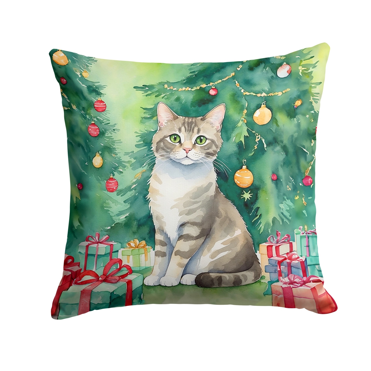 DAC7246PW1818 18 x 18 in. Pudelkatze Cat by the Christmas Tree Throw Pillow