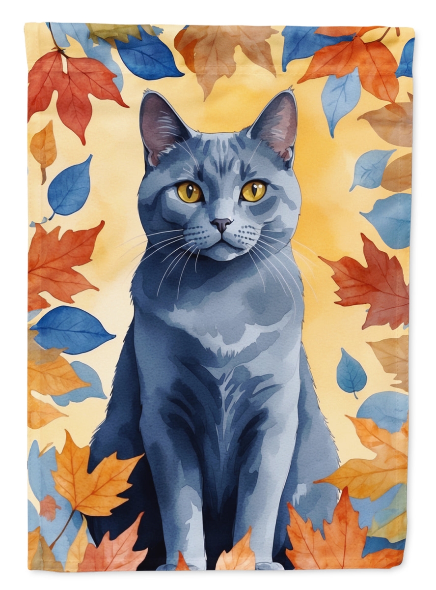 DAC7121CHF 40 x 28 in. Chartreux Cat in Fall Leaves House Flag