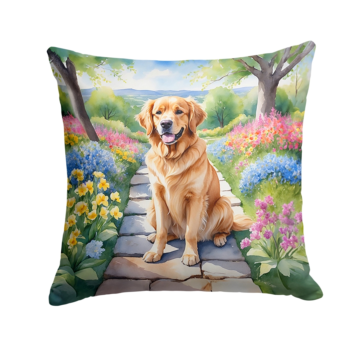 DAC6636PW1414 14 x 14 in. Golden Retriever Spring Path Throw Pillow
