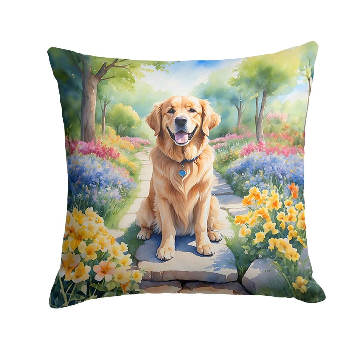 DAC6637PW1414 14 x 14 in. Golden Retriever Spring Path Throw Pillow