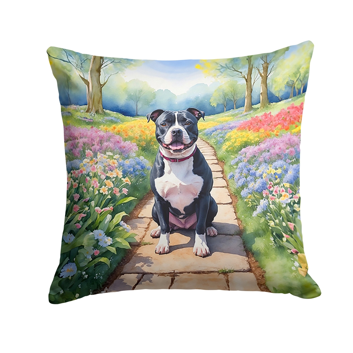 DAC6722PW1818 18 x 18 in. Staffordshire Bull Terrier Spring Path Throw Pillow