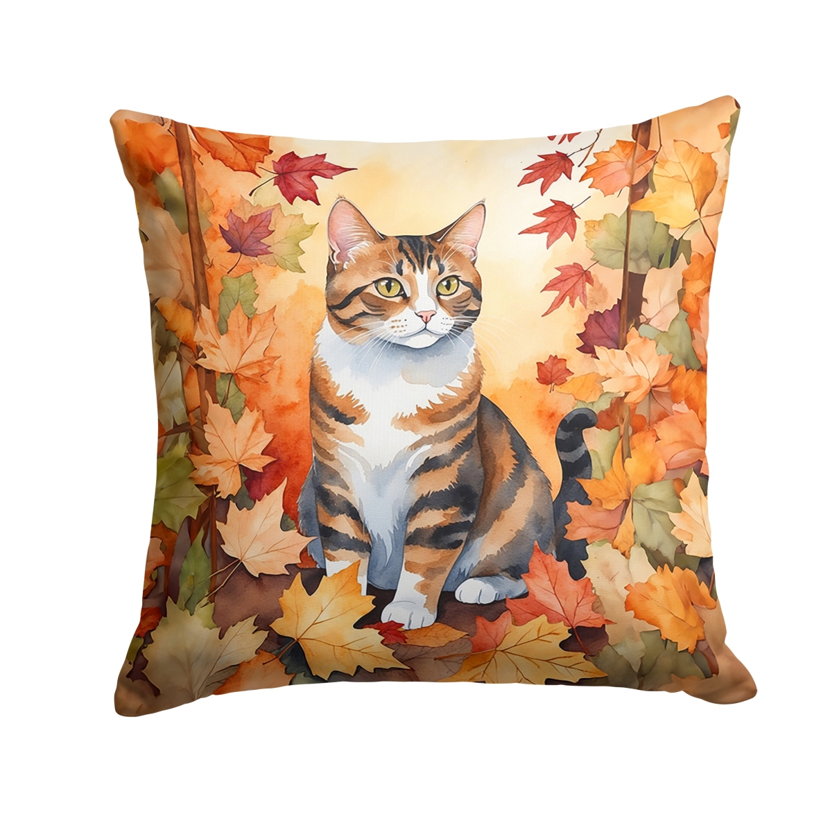 DAC7105PW1414 14 x 14 in. American Polydactyl Cat in Fall Leaves Throw Pillow