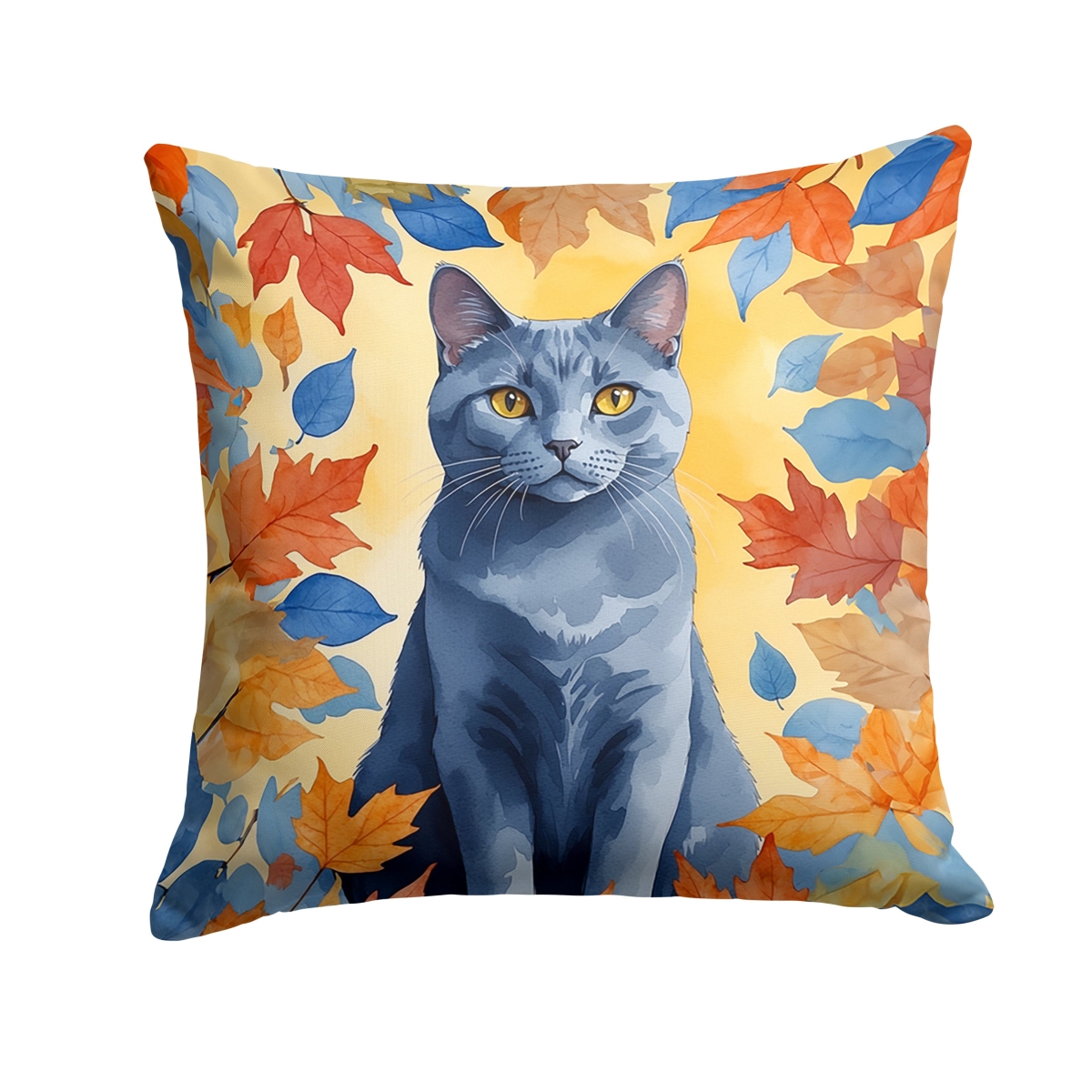 DAC7121PW1414 14 x 14 in. Chartreux Cat in Fall Leaves Throw Pillow