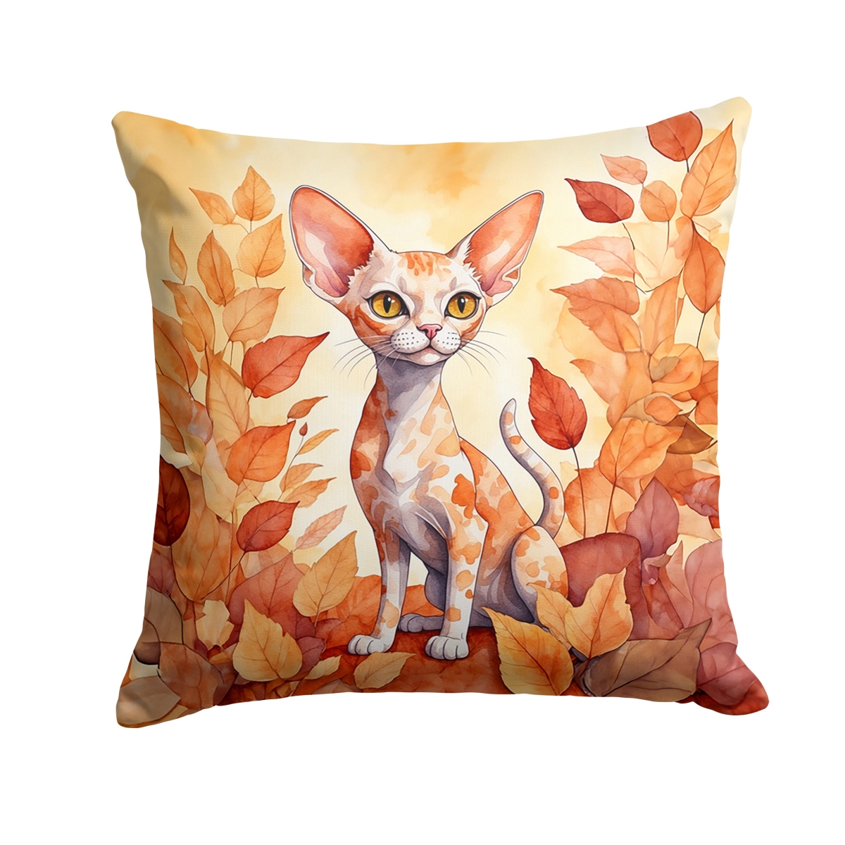 DAC7128PW1414 14 x 14 in. Devon Rex Cat in Fall Leaves Throw Pillow