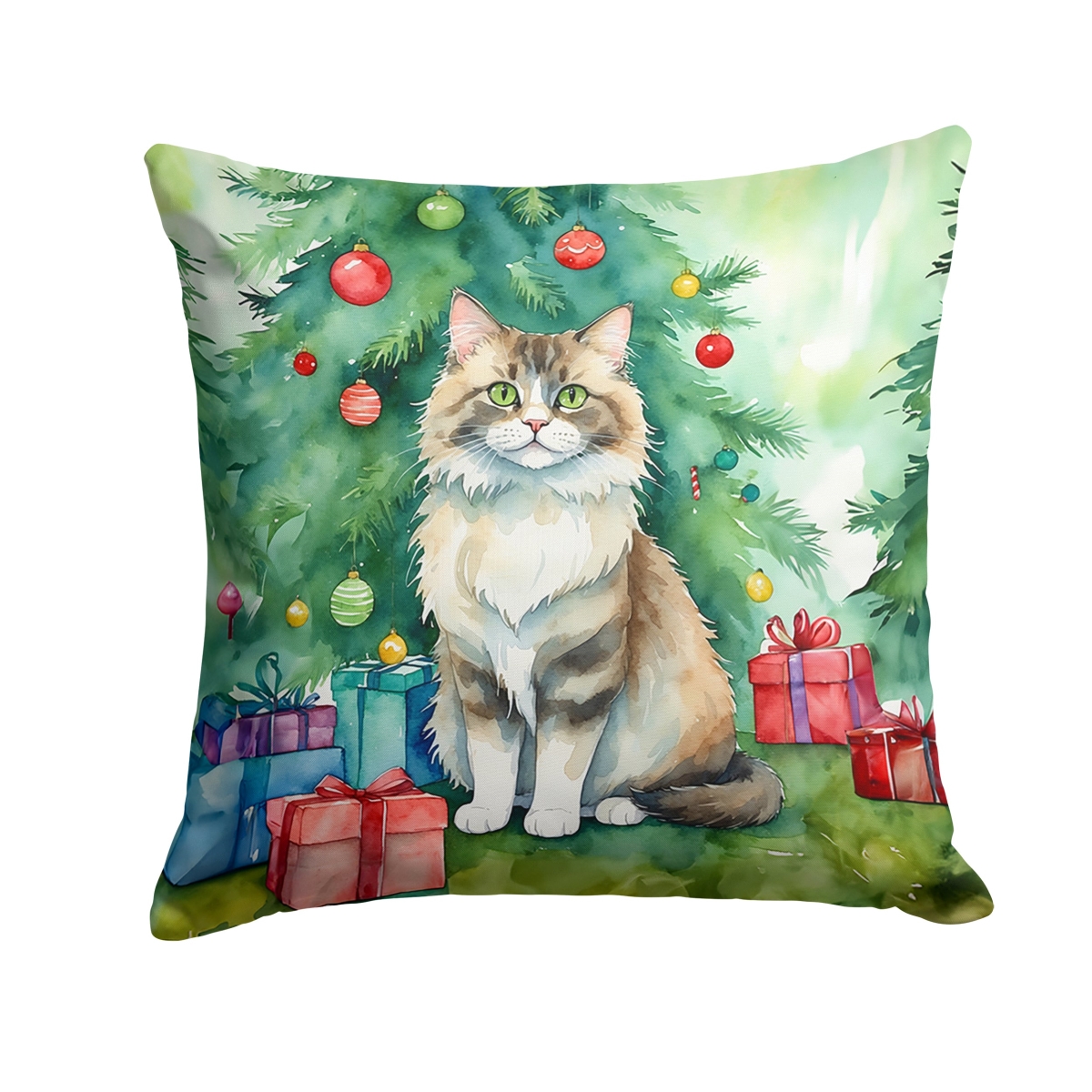 DAC7248PW1818 18 x 18 in. Ragamuffin Cat by the Christmas Tree Throw Pillow