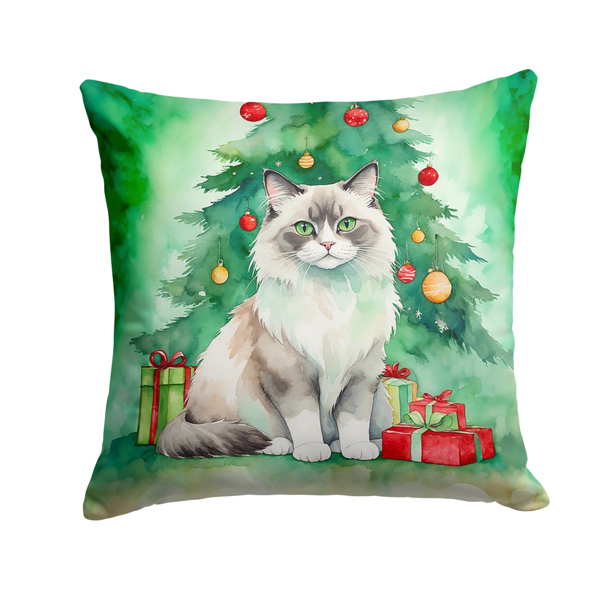 DAC7249PW1818 18 x 18 in. Ragdoll Cat by the Christmas Tree Throw Pillow