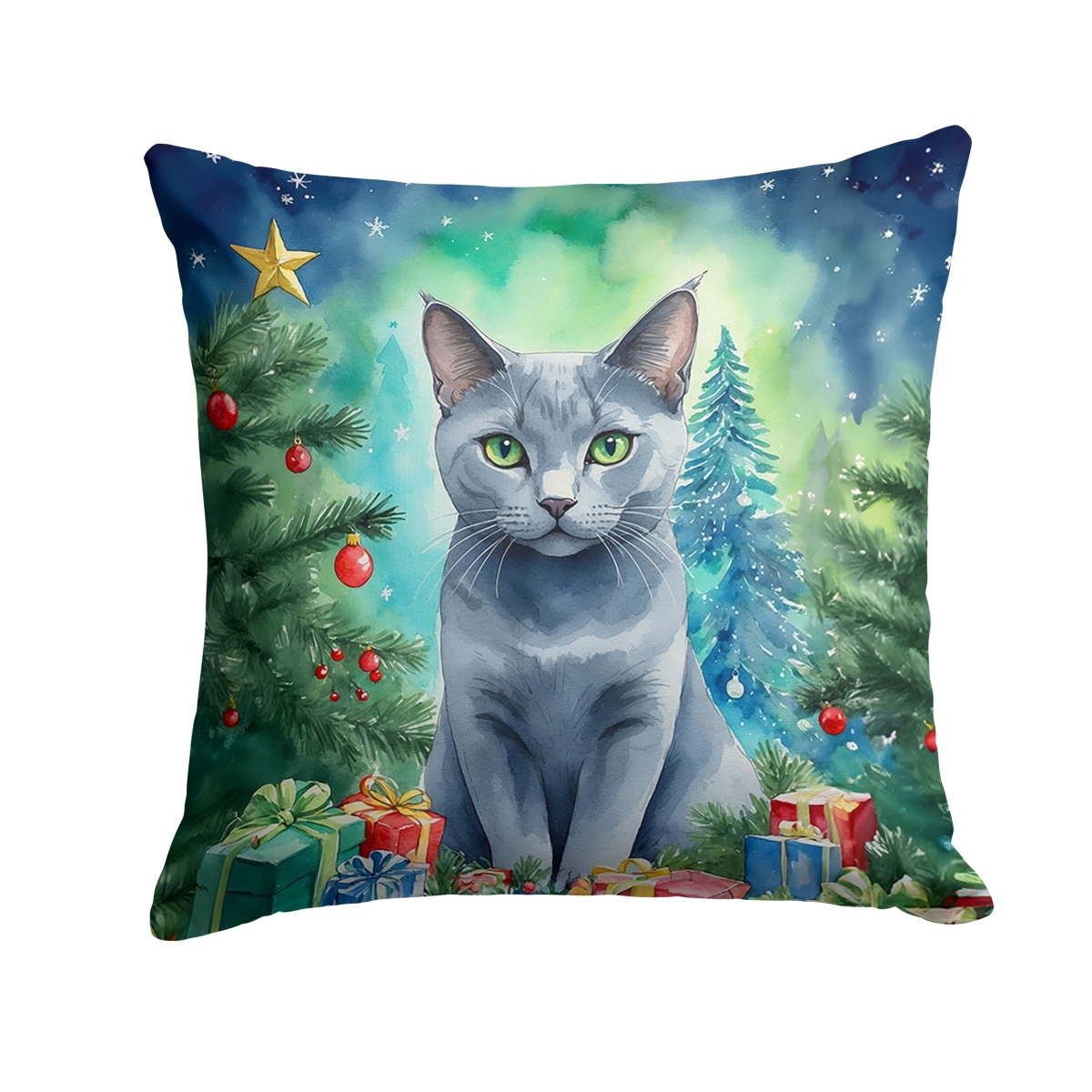 DAC7250PW1818 18 x 18 in. Russian Blue Cat by the Christmas Tree Throw Pillow
