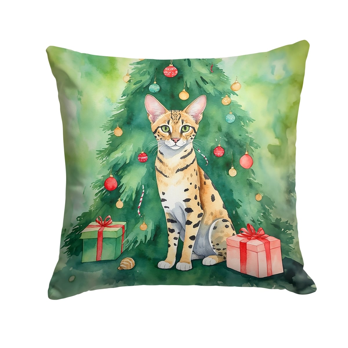 DAC7252PW1818 18 x 18 in. Savannah Cat by the Christmas Tree Throw Pillow