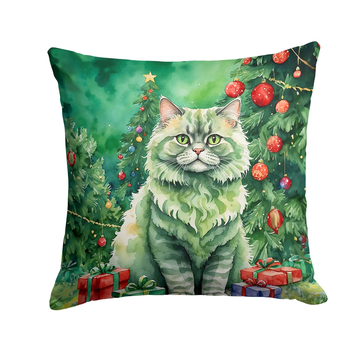 DAC7254PW1818 18 x 18 in. Selkirk Rex Cat by the Christmas Tree Throw Pillow