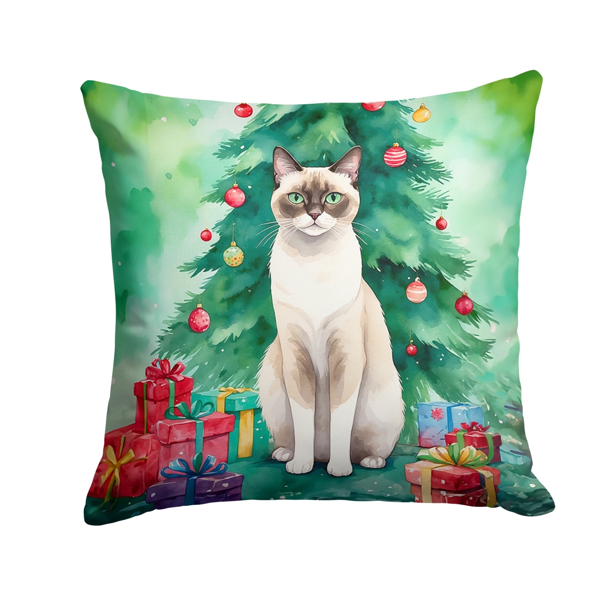 DAC7259PW1818 18 x 18 in. Snowshoe Cat by the Christmas Tree Throw Pillow
