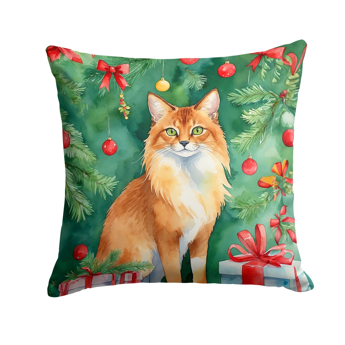 DAC7261PW1818 18 x 18 in. Somali Cat by the Christmas Tree Throw Pillow