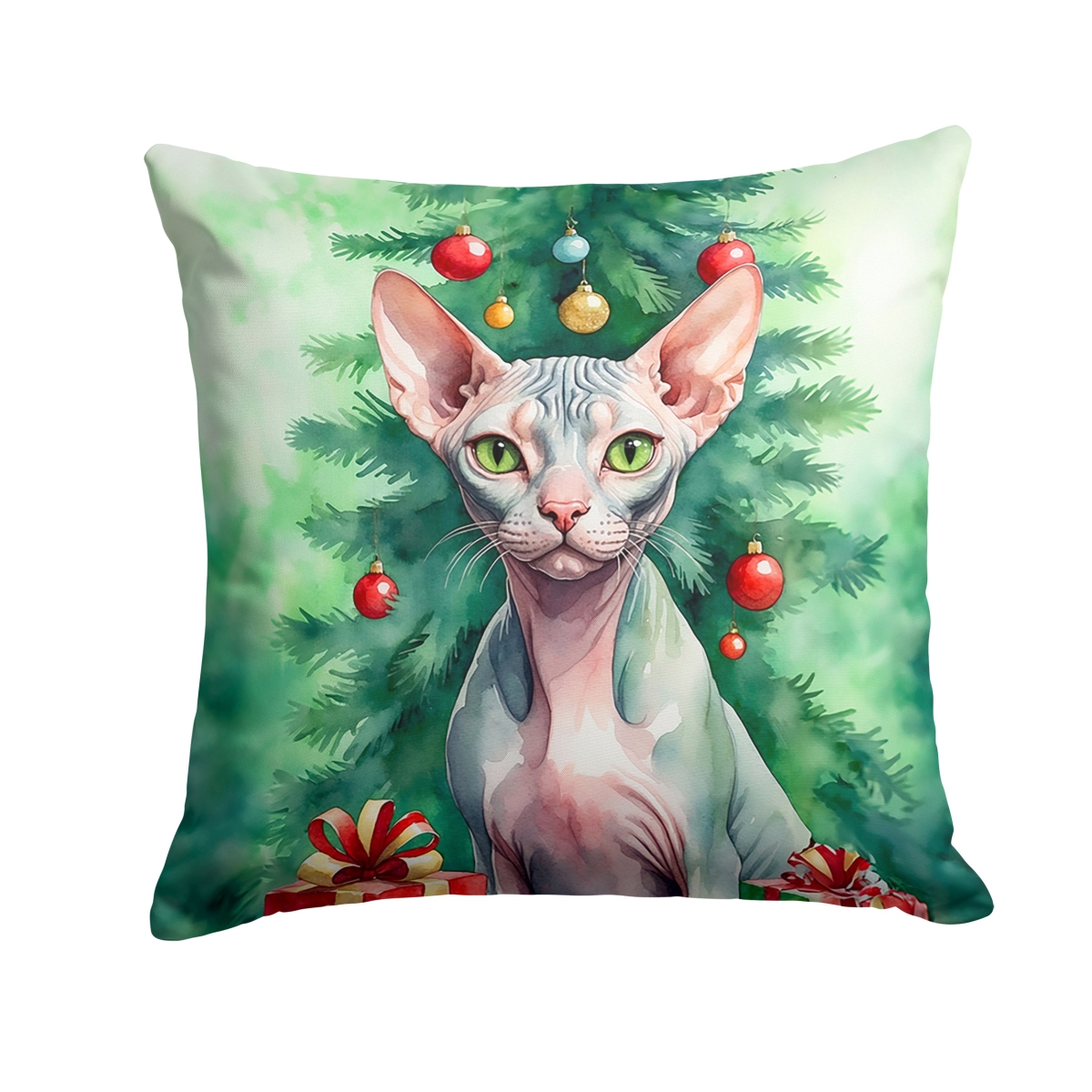 DAC7262PW1818 18 x 18 in. Sphynx Cat by the Christmas Tree Throw Pillow