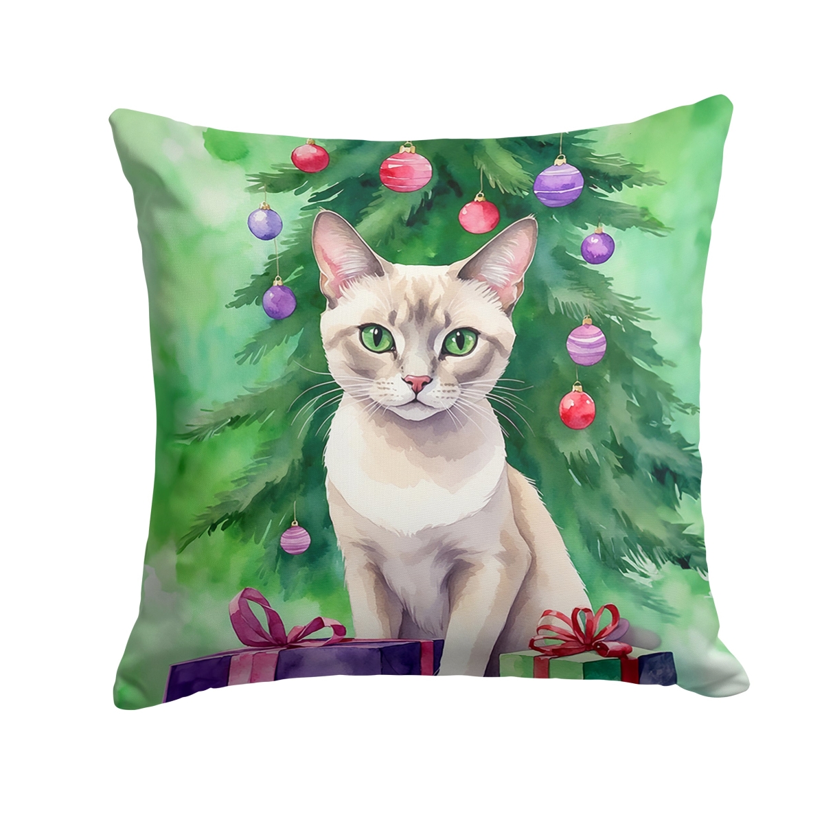 DAC7264PW1818 18 x 18 in. Thai Lilac Cat by the Christmas Tree Throw Pillow
