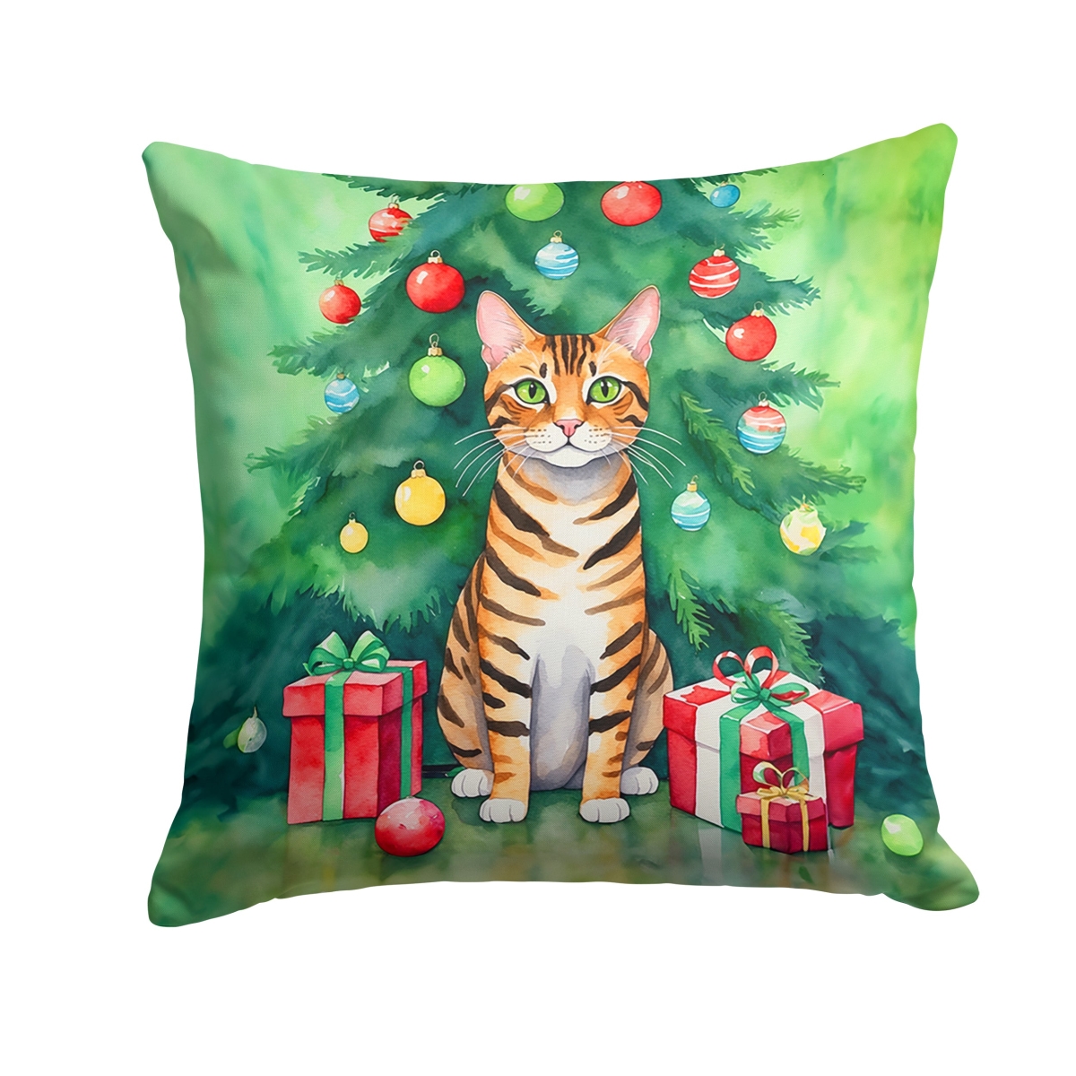 DAC7266PW1818 18 x 18 in. Toyger Cat by the Christmas Tree Throw Pillow