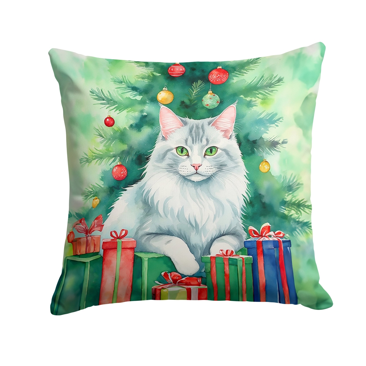 DAC7267PW1818 18 x 18 in. Turkish Angora Cat by the Christmas Tree Throw Pillow