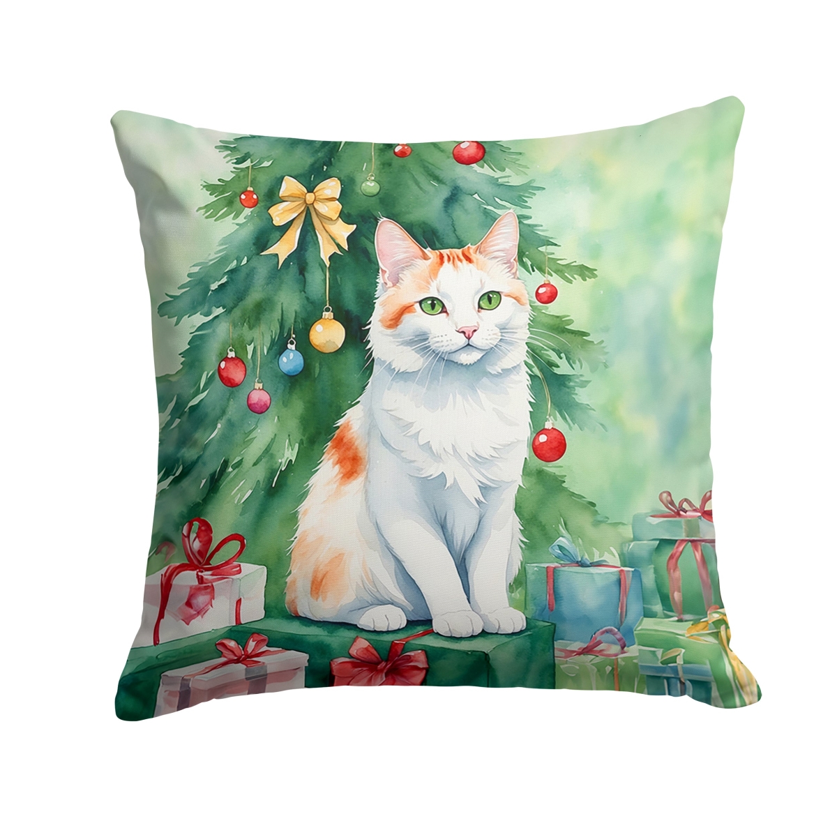 DAC7268PW1818 18 x 18 in. Turkish Van Cat by the Christmas Tree Throw Pillow