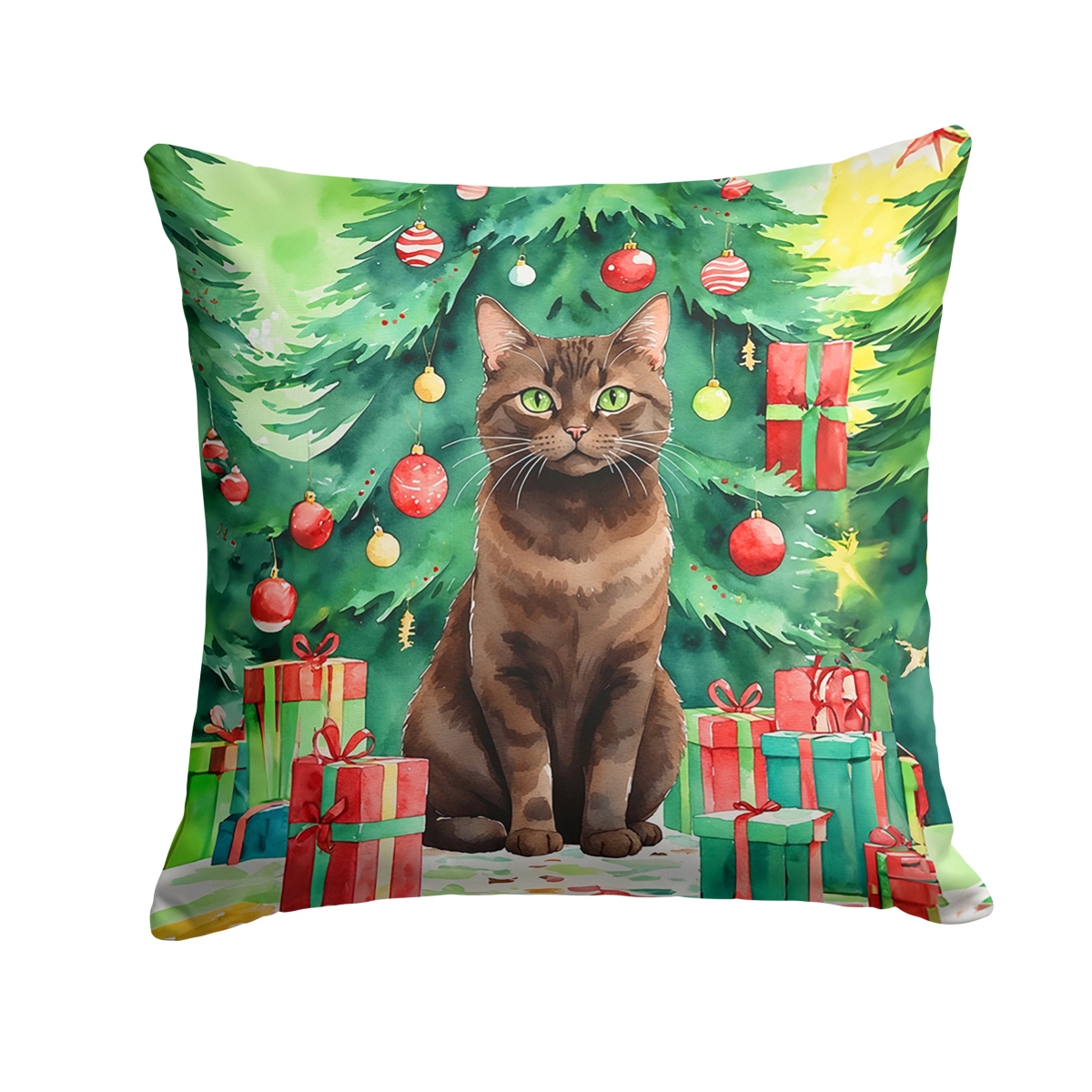 DAC7271PW1818 18 x 18 in. York Chocolate Cat by the Christmas Tree Throw Pillow