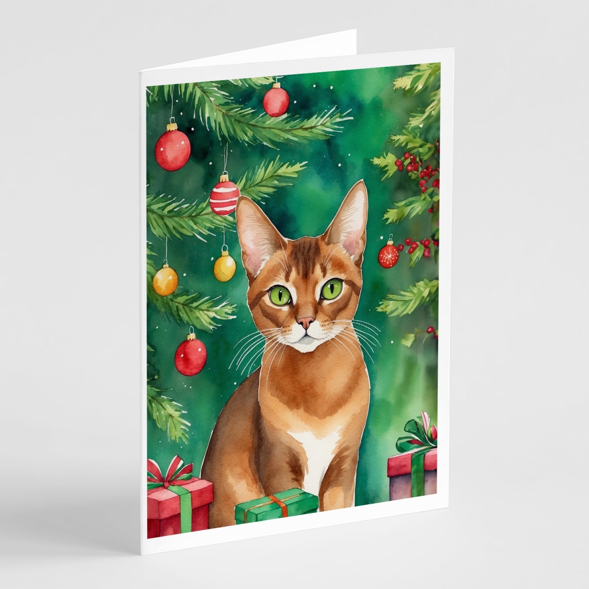 DAC7186GCA7P 5 x 7 in. Abyssinian Cat by the Christmas Tree Greeting Cards - Pack of 8