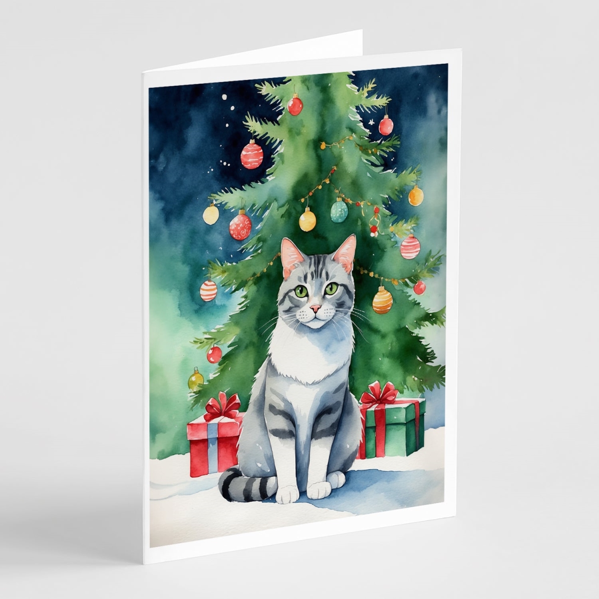 DAC7187GCA7P 5 x 7 in. Aegean Cat by the Christmas Tree Greeting Cards - Pack of 8