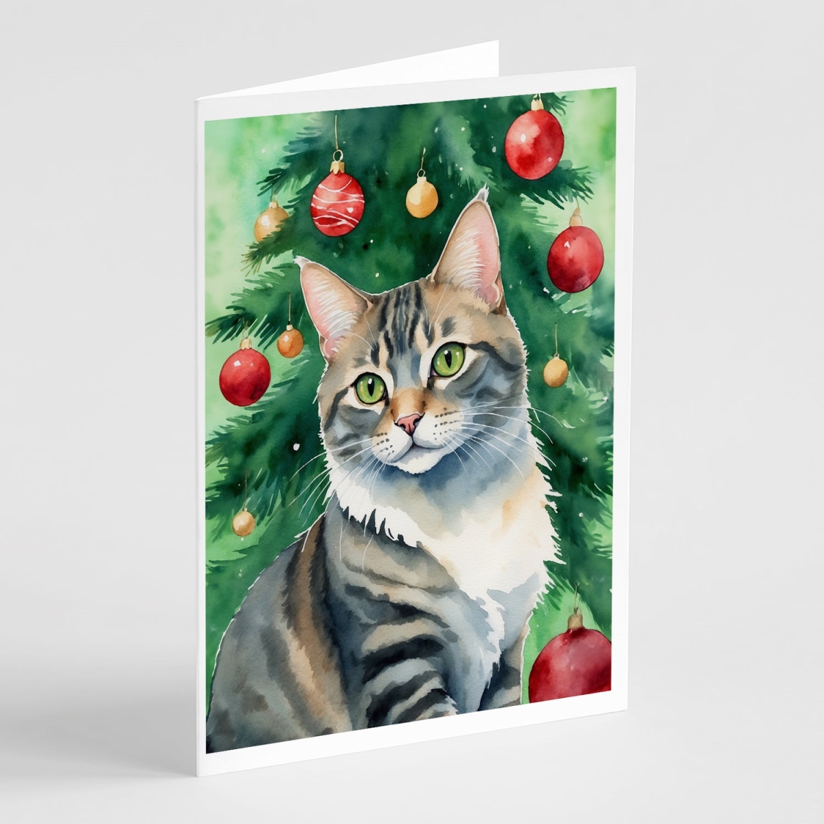 DAC7188GCA7P 5 x 7 in. American Bobtail Cat by the Christmas Tree Greeting Cards - Pack of 8