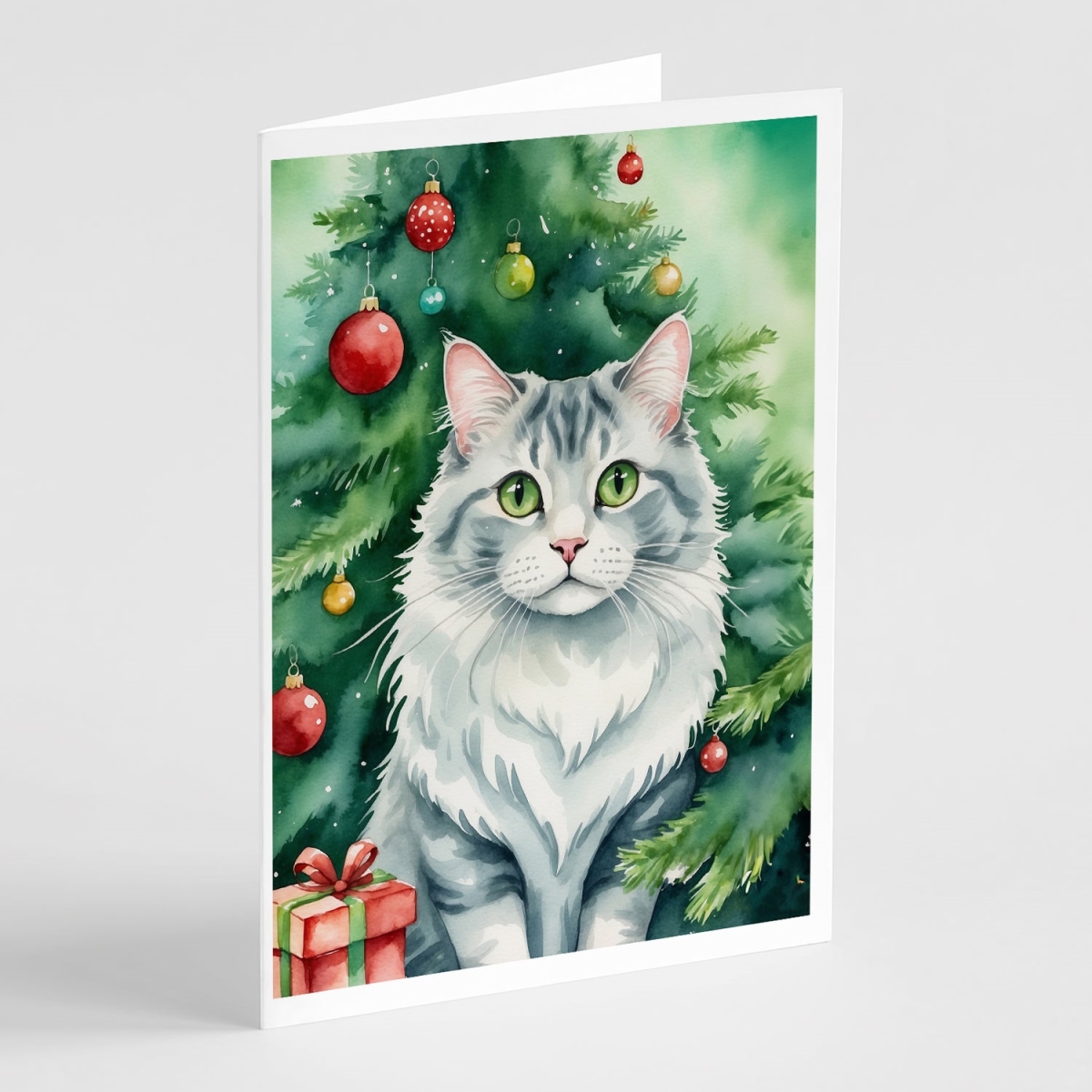 DAC7189GCA7P 5 x 7 in. American Curl Cat by the Christmas Tree Greeting Cards - Pack of 8