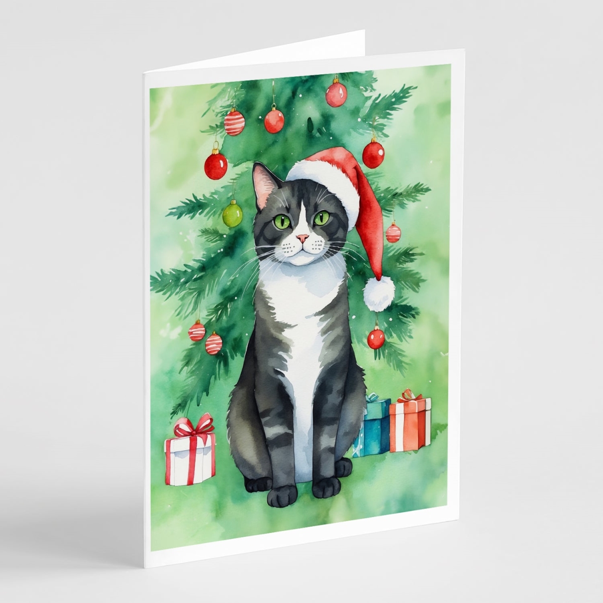 DAC7190GCA7P 5 x 7 in. American Polydactyl Cat by the Christmas Tree Greeting Cards - Pack of 8