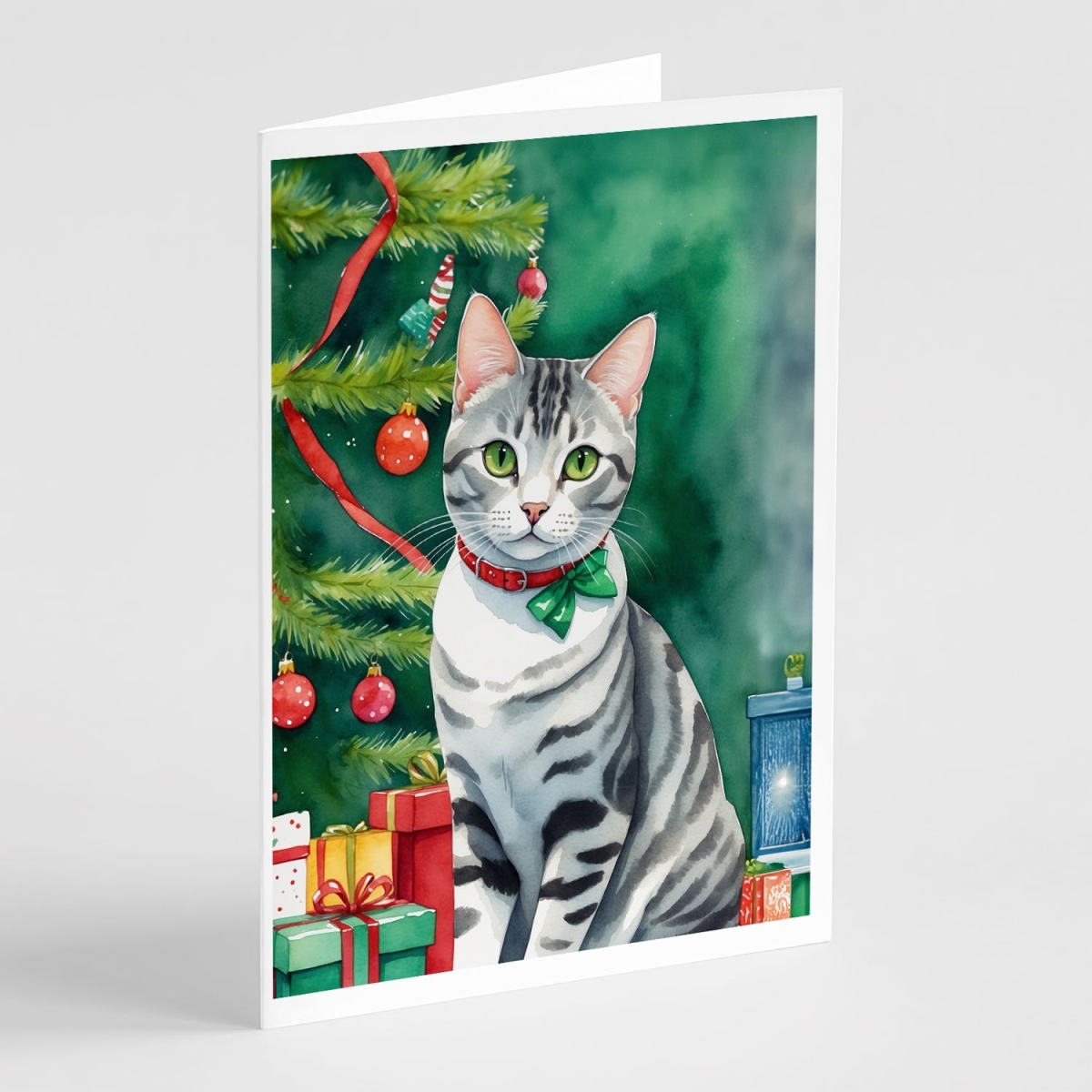 DAC7191GCA7P 5 x 7 in. American Shorthair Cat by the Christmas Tree Greeting Cards - Pack of 8