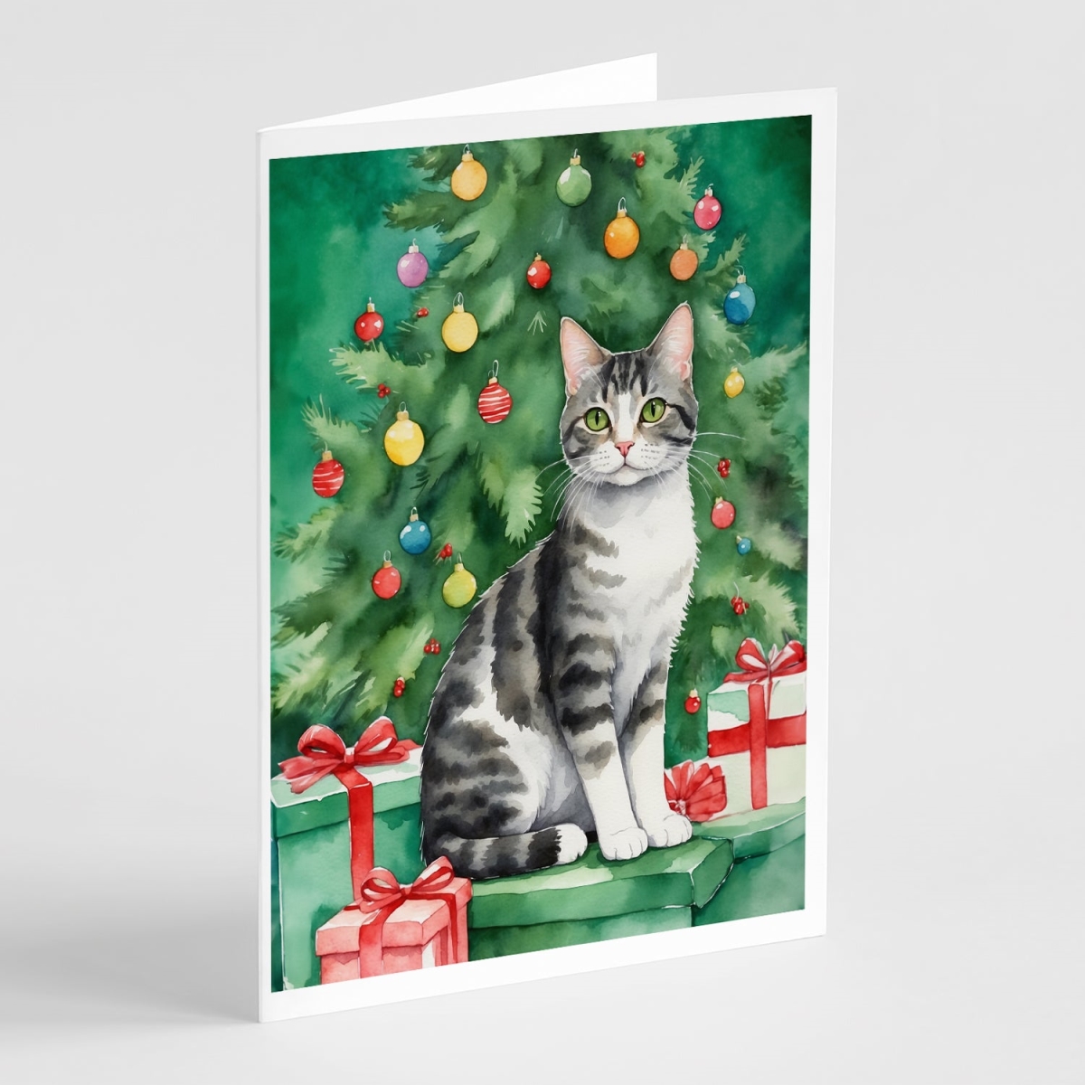 DAC7192GCA7P 5 x 7 in. American Wirehair Cat by the Christmas Tree Greeting Cards - Pack of 8