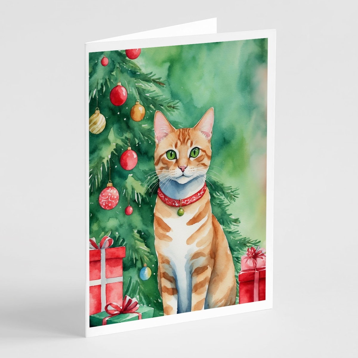 DAC7193GCA7P 5 x 7 in. Arabian Mau Cat by the Christmas Tree Greeting Cards - Pack of 8