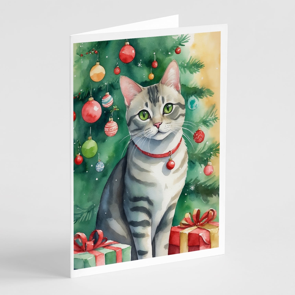 DAC7194GCA7P 5 x 7 in. Asian Cat by the Christmas Tree Greeting Cards - Pack of 8
