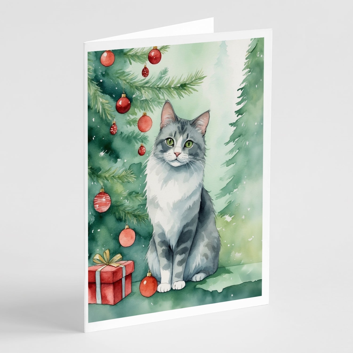 DAC7195GCA7P 5 x 7 in. Australian Mist Cat by the Christmas Tree Greeting Cards - Pack of 8